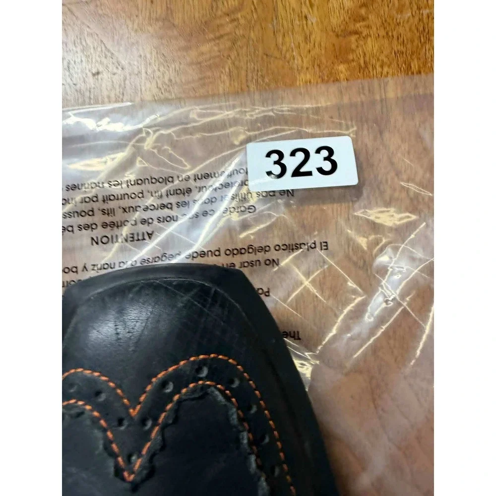 John Fluevog Mens 8 Future Angel Black‎ Leather Orange Stitch Square Toe Shoes